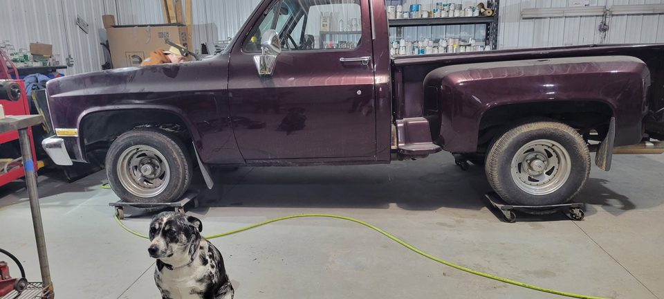 The C10 as it arrived — tired maroon work truck