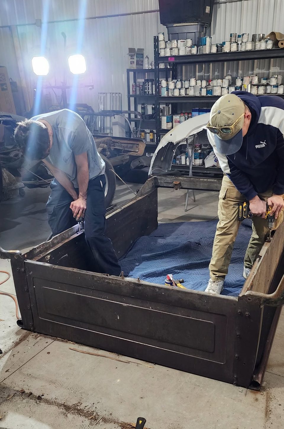 Stage 2 — the bed lifted off and stripped